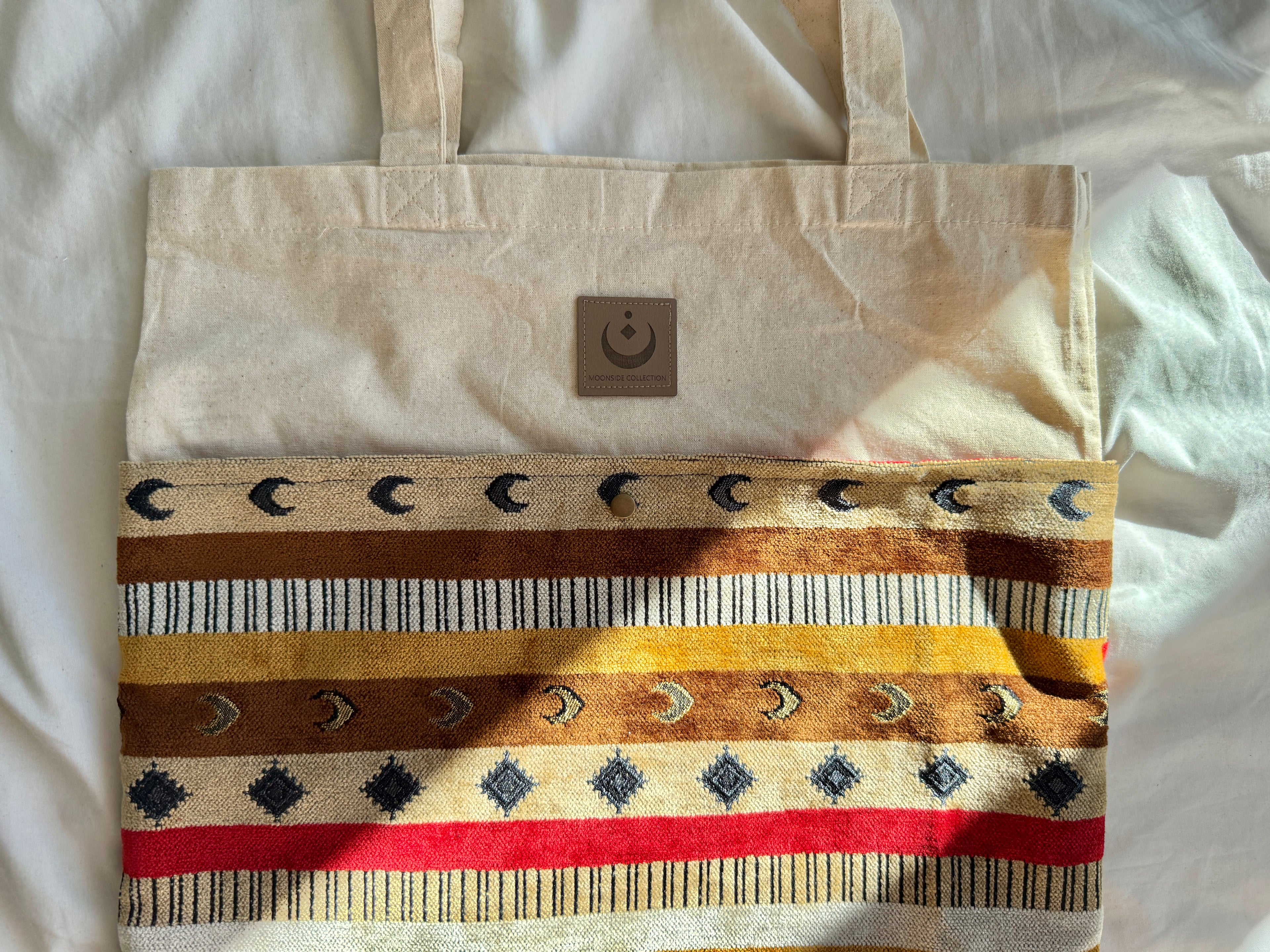 Tragetasche Jutebeutel mit Seitentaschen (Boho-Muster)